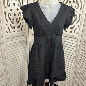 miami Black V-Neck Pleated Sleeve Tiered Mini Dress
